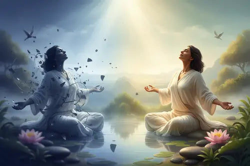 Two people in white robes meditating in a serene landscape with flowers and birds.
