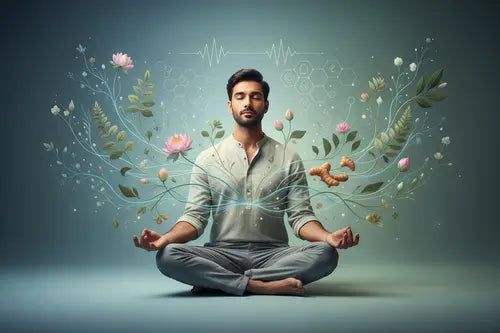 Man meditating with nature elements around him on a gradient background