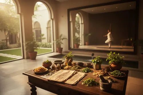 Table with herbs and a mirror reflecting a person in a room with plants and a garden view.