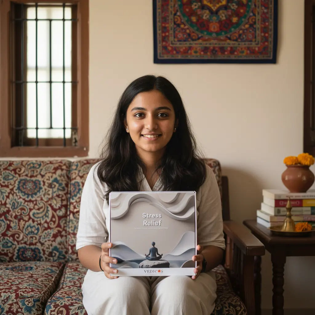 Woman holding a book titled 'Stress Relief' in a home setting.